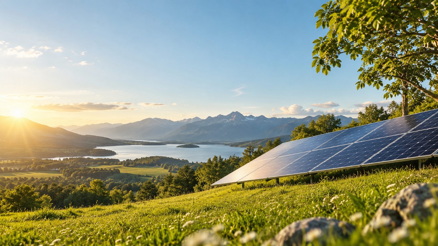 Paneles solares sobre un prado con montañas y lago al atardecer